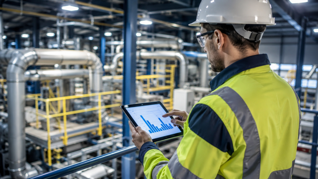 Na obrazie przedstawiono nowoczesny zakład przemysłowy, w którym trwa analiza zużycia energii i parametrów pracy instalacji