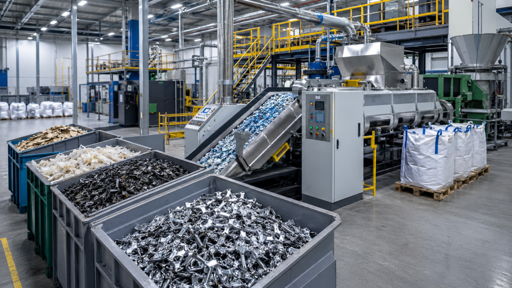 Na obrazie przedstawiono nowoczesną halę przemysłową wyposażoną w linię do przetwarzania i ponownego wykorzystania odpadów produkcyjnych